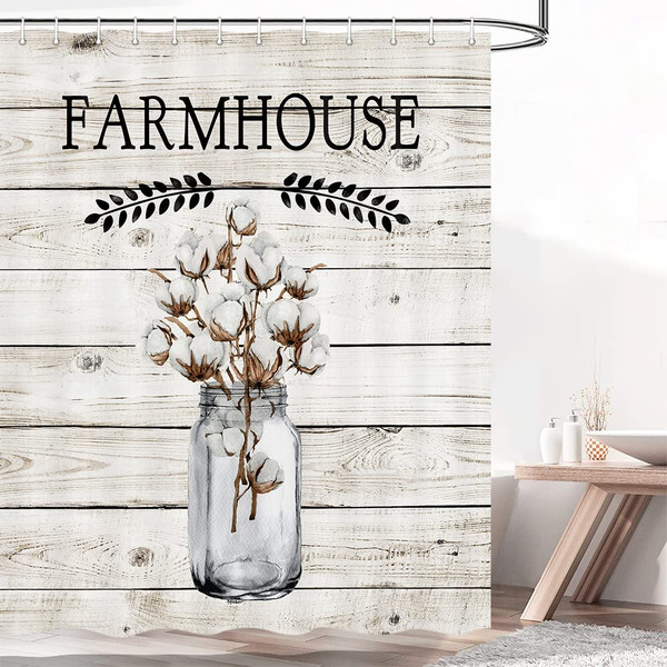 bzwcbei Farmhouse Shower Curtain, Cotton Flower in Mason Jar on Rustic Country Barn Wood Fabric Shower Curtains, Farm Countryside Floral Waterproof Bathroom Curtain Liner Set with Hooks 69x70inches