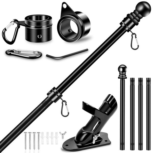 5 FT House Flag Pole Kit, 1" Spinning Thicken Stainless Steel Metal Flagpoles for Outside House Porch Post Wall Mount with 2-Position Flagpole Holder Bracket & 360° Flag Ring for 3x5 Flag(5 FT, Black)