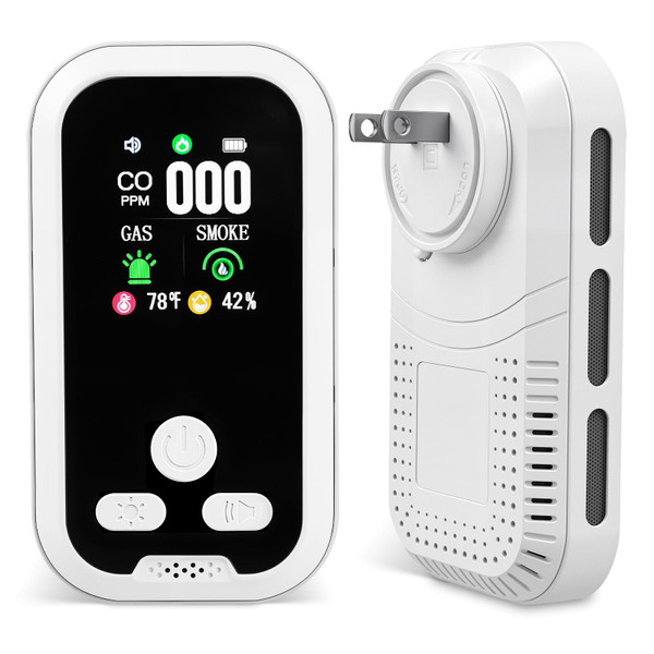 5-in-1 Plug in Gas & Smoke & Carbon Monoxide Detector, Combination CO Alarm with Temperature(°F) & Humidity Built-in Backup Battery HD Screen for Home, RV, Apartment (1 Pack)