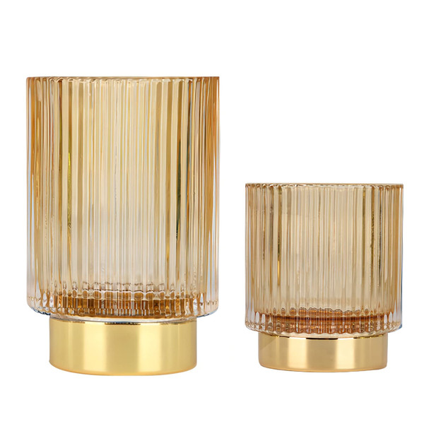 DASITON Makeup Brush holder Organizer,Crystal Cosmetic Makeup Brush Glass Brushes Storage Holder, Vintage Make Up Brush Cup Pen Pencil Holder striped vase(Coffee S＋L)