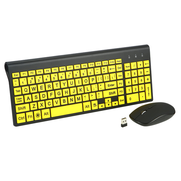 FONICER Full Size Large Print 2.4g Wireless Keyboard and Mouse with Oversized Print for Kids Visually Impaired Low Vision Individuals (Yellow)
