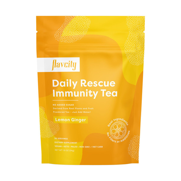 FlavCity Immunity Tea Powder - Ginger, Turmeric, & Lemon Herbal Tea for Immune Support - Non GMO & Sugar Free (30 Servings)