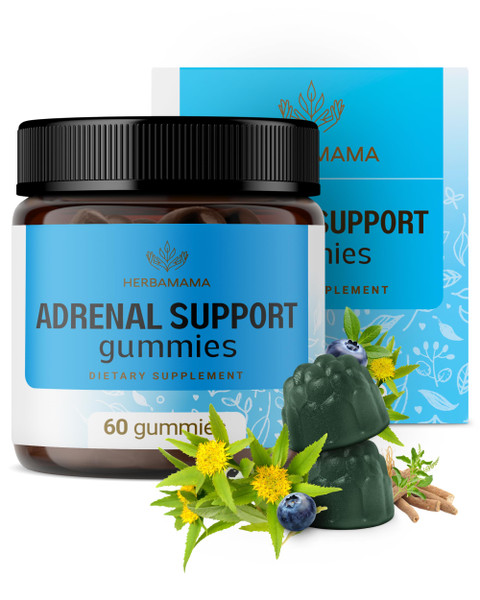 HERBAMAMA Adrenal Support Gummies - Pure Adrenal Complex Supplement for Women with Ashwagandha Root, Rhodiola Rosea & Magnesium - Vegan, Non-GMO - 60 Pectin-Based Blueberry-Flavored Chews