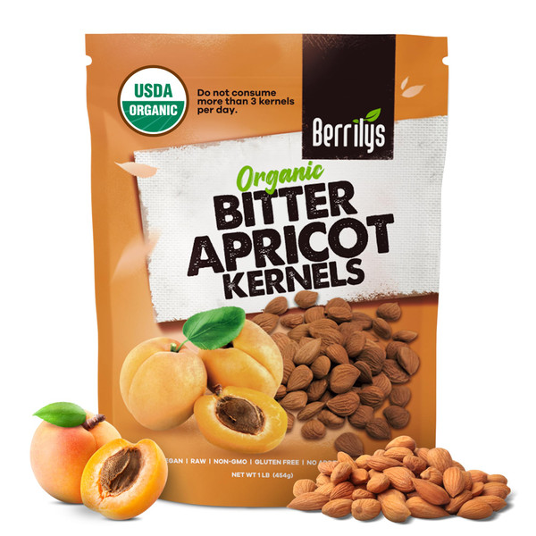 Berrilys Organic Bitter Apricot Kernels - USDA Certified Organic Bitter Apricot Seeds - Natural & Non-GMO, Premium Quality Kernals, No Sulfur or Additives - 16 oz
