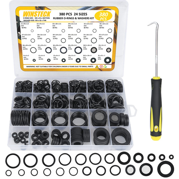 8 Sizes Rubber & Silicone Washers and 16 Sizes O Ring Assortment Kit, 380 PCS Shower Hose/Head Washers with Screen Filter Faucet Pressure Washer 180°Full Pick & Hook Tool for Sealing Repair