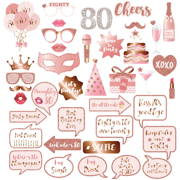 80th Birthday Party Photo Booth Props and Signs, Rose Gold 80 Birthday Party Selfie Props Kit with Sticks for Women,Eighty 80th Happy Birthday Party Decorations Supplies Favors