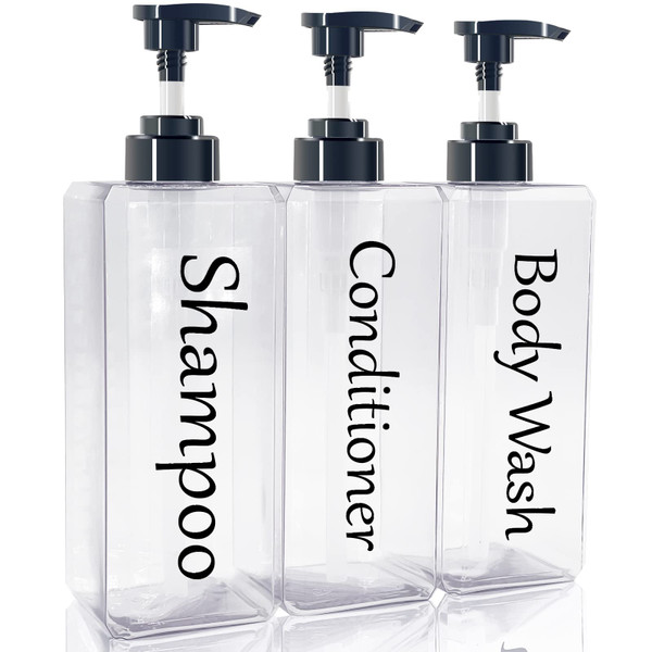 Shampoo and Conditioner Dispenser(Clear, Set of 3, 27oz)- Refillable & EmptyShampoo and Conditioner Bottles- Body Wash Dispenser Set-Modern Shampoo Bottles for Shower Soap