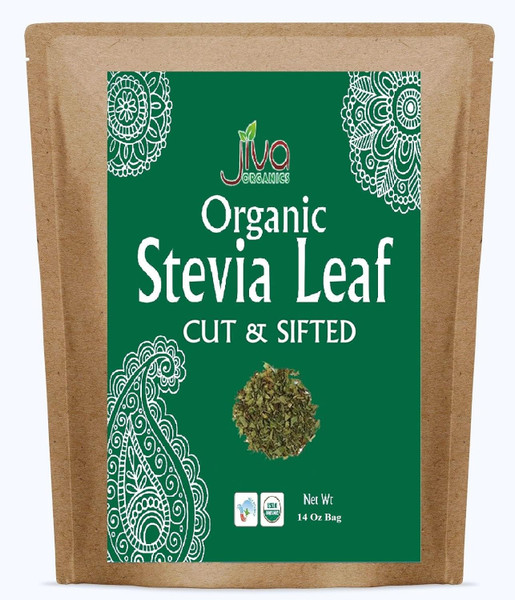 Jiva Organic Natural Stevia Leaf Whole Cut & Sifted 14 Ounce Bulk Kraft Bag - Great for Tea - Green Color, Original Stevia Leaf with no additives