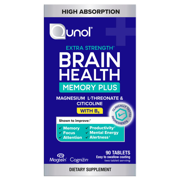 Qunol Brain Health Memory Plus with B6, Magnesium L-Threonate & Citicoline, Clinically Tested Ingredients to Improve Memory, Focus, Attention and Productivity, 90 Count Qunol Brain Health Memory Plus with B6, Magnesium L-Threonate & Citicoline, Clinically Tested Ingredients to Improve Memory, Focus, Attention and Productivity, 90 Count