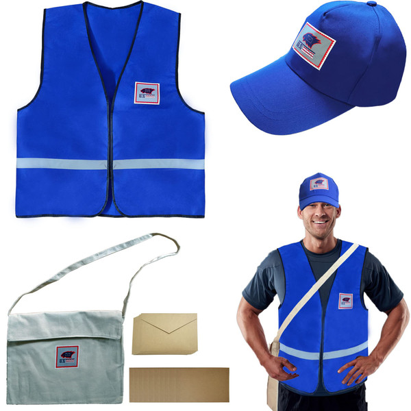 Tahonuss 5pcs Postman Career Costume Kit Mailman Costume Cosplay Occupationn Accessories Set Including Mail Carrier Hat Canvas Bag Vest and Envelopes Postcards for Adults Men Carrier (L)