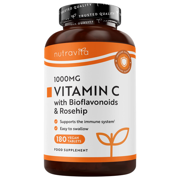 Vitamin C 1000mg with Bioflavonoids and Rosehip - 180 Vegan Tablets - 6 Month Supply - Contributes to The Maintenance of a Normal Immune System - 1