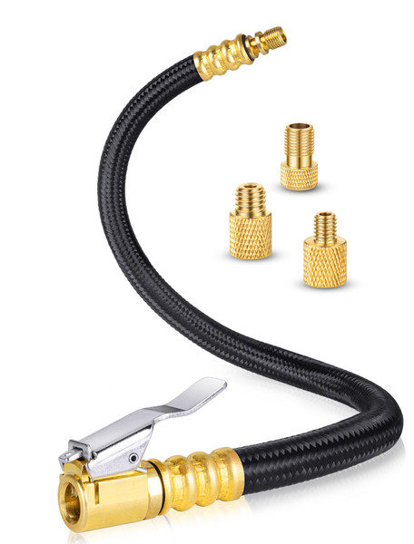 12'' Tire Inflator Extension Tube, Tire Pump Chuck Hose Adapter w/Presta Valve for Air Compressor Quick-Inflation, Clip On Air Chuck High-Pressure Tube Car Motorcycle Bicycle Maintenance Accessories