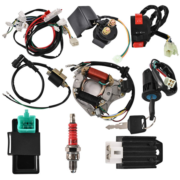 Trkimal Complete Electrics Wiring Harness Stator Coil CDI Switch lock Ignition Switch Solenoid Relay Spark Plug for 4 Stroke ATV 50cc 70cc 110cc 125cc Pit Quad Dirt Bike Go Kart