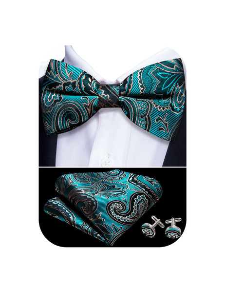 Barry.Wang Teal Black Bow Tie for Men Paisley Silk Pre-Tied Bowtie Handkerchief Cufflinks Set Formal Wedding Party Prom
