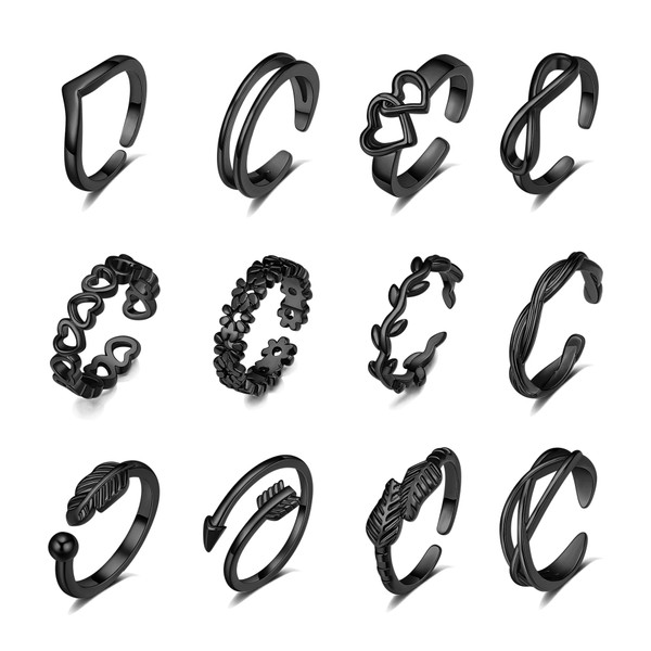 TOBENY 12PCS Adjustable Toe Rings for Women Flower Arrow Band Open Tail Ring Women Beach Foot Jewelry Set (Black Color)