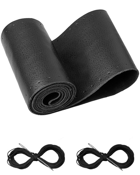 Belinous Leather Steering Wheel Cover Lace Up, Stitch on Steering Wheel Wrap, Universal Fit 13-20 Inch Car Truck Pickup Boat, A Whole Piece of Cowhide, DIY w/Needle Thread (Size M4, Black)