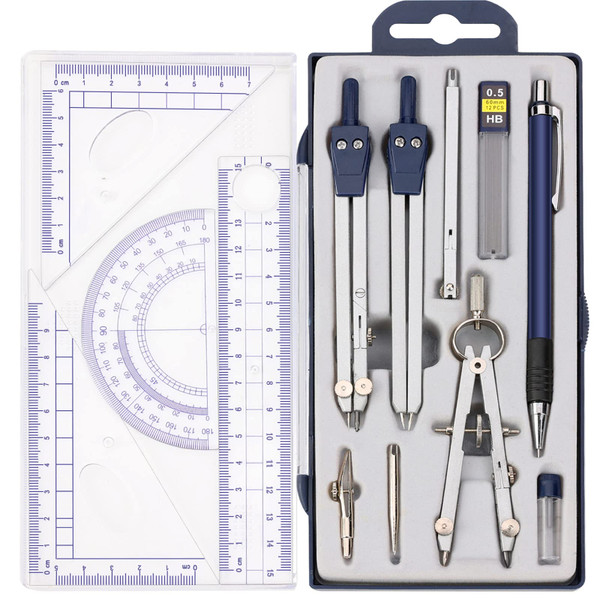13 Pieces Geometry Set Compass Geometry Tools Math Compass and Protractors Set Metal Drawing Compass Precision Set Graphic Compasses Triangle Rulers Pencils Protractor with Storage Case