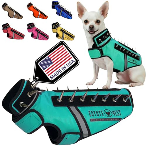 CoyoteVest SpikeVest Dog Harness Vest for Small Dogs, Reflective Dog Vest with Spikes to Shield Your pet from Coyotes, Raptor and Animal Attacks, Anti Hawk Vest, Made in USA (XXS-Turquoise)
