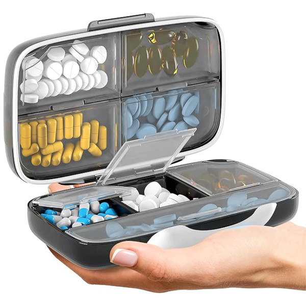 Travel Pill Organizer - Airtight Medicine Case for Traveling Portable Pharmacy Box with Labels Vitamin Container 8 Compartment Supplement Medication Holder Large Capacity Daily (Black)