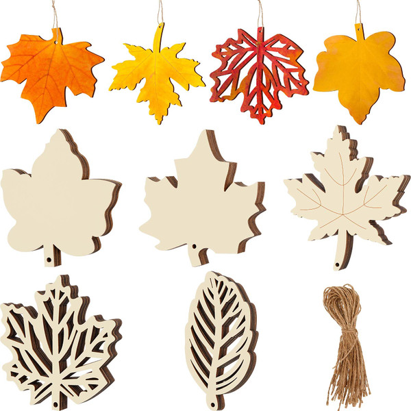 30 Pieces Fall Wood Cutouts Unfinished Wooden Leaves for Crafts Fall Blank Maple Leaf Wood Pieces Hanging Ornament with Hole 1 Rope for Thanksgiving Harvest Autumn Party DIY Decoration,5 Style
