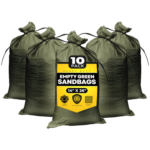 Empty Sandbags Military Green with Ties (Bundle of 10) 14" x 26" - Woven Polypropylene Extra Heavy Duty Sand Bags Flood Protection