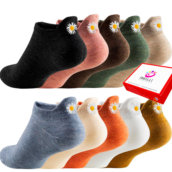 IBEILLI Women Cute Socks 10 Pairs Cotton Kawaii Embroidered Funny Low Cut Ankle Sock for Women Girls (10 Colors Daisy with Gift Box)