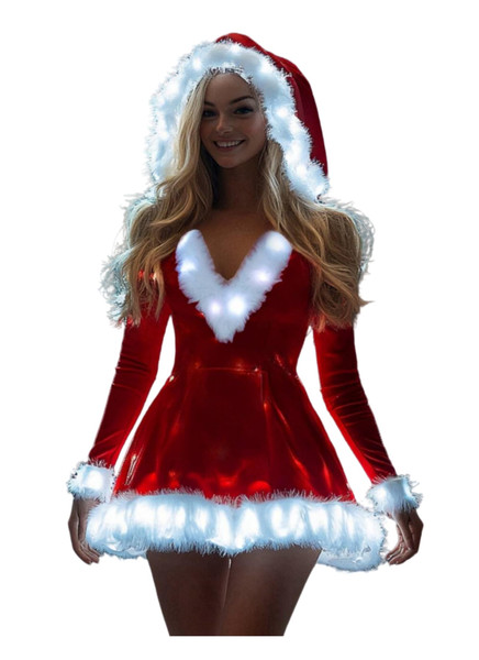bDDeDD Women's Santa Costume LED Light Up Christmas Dress Cosplay Mrs. Claus Costume (M, Red)