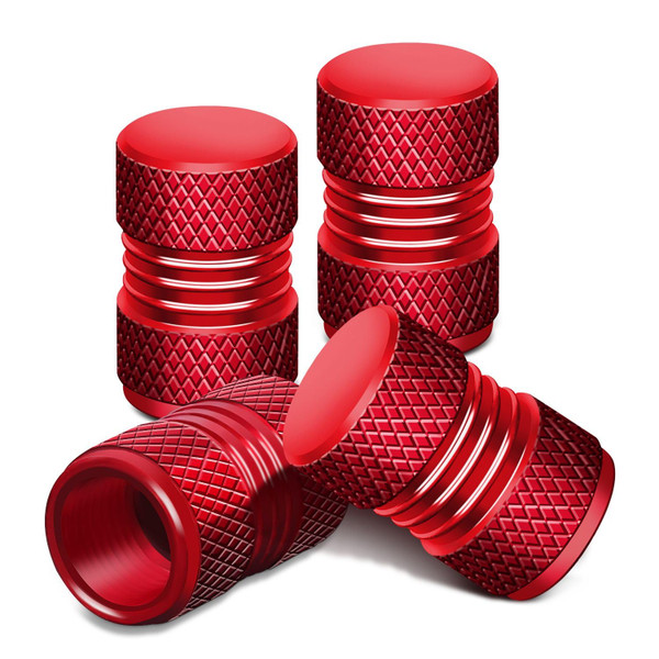 DNA MOTORING Car Tire Valve Stem Caps, Dual Grip Meshed Style Anodized Aluminum Universal Stem Covers Set for Cars Trucks Bikes, 4 pcs/Pack, Red, VCAP-RT-024-RD