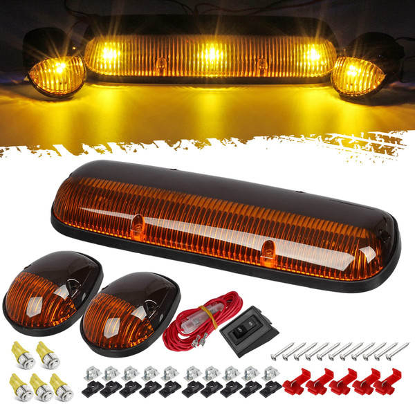 Partsam 3PCS Amber Cab Roof Running Marker Lights +5xT10 5050 Amber LEDs Compatible with Silverado/Sierra 1500 1500HD 2500 2500HD 3500 2002 2003 2004 2005 2006 2007 Pickup Trucks
