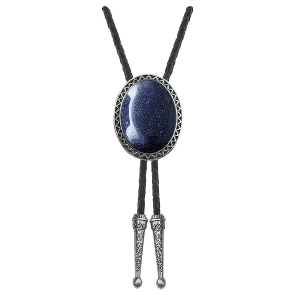 QUKE American Western Retro Dark Blue Rock Sand Stone Bolo Tie Leather Handmade Bowtie for Men Women