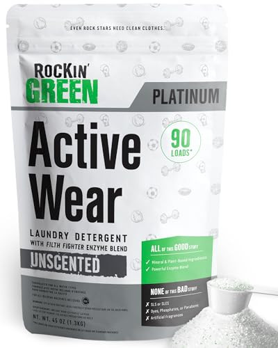 Rockin’ Green Active Wear Laundry Detergent - Unscented Laundry Detergent Powder & Odor Eliminator - Workout Clothes & Sportswear - Safe for Sensitive Skin - 90 Loads