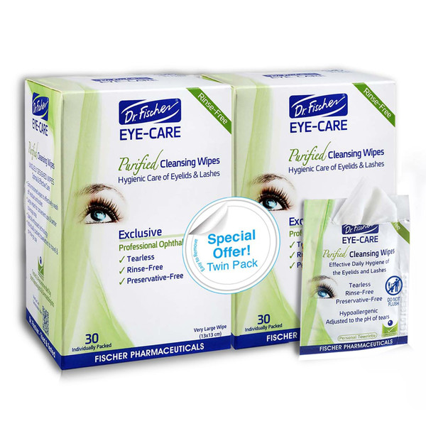 Dr. Fischer Eyelid Wipes - Hypoallergenic Preservative-Free Eye Cleansing Wipes for Sensitive Eyelids (Twin Pack).