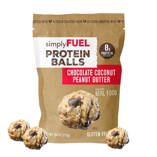 simplyFUEL Whole Food Protein Balls - Chocolate Coconut Peanut Butter - 8g Protein Snacks for Adults and Kids - Anytime Power Snack for Work, School, Travel or Gym - Gluten Free (12 Balls)