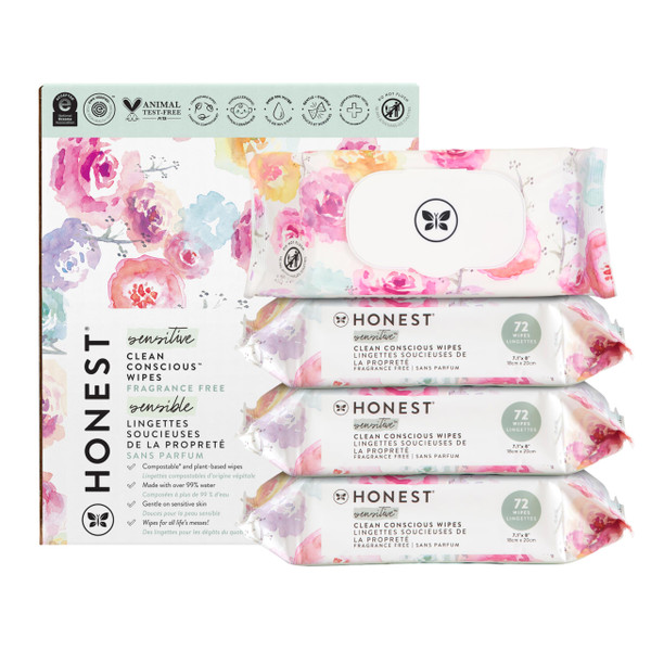 The Honest Company Clean Conscious Multi-Use Wipes Unscented Hypoallergenic Baby for Sensitive Skin 99% Water Plant-Based Compostable Rose Blossom 288 Count