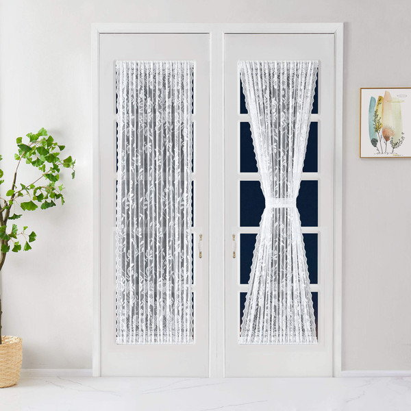 Warm Home Designs Pair of 2 White Color Lace French Door Curtain Panels are 52 Inch Wide by 72 Inches Long. Scalloped Doorway Sidelight Curtains Come with 2 Matching Tie-Backs. R White 52” x 72”