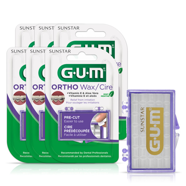 GUM Orthodontic Wax for Braces and Dental Devices - Soothing Dental Wax with Vitamin E and Aloe Vera - Clear Color and Refreshing Mint Flavor (Pack of 6)