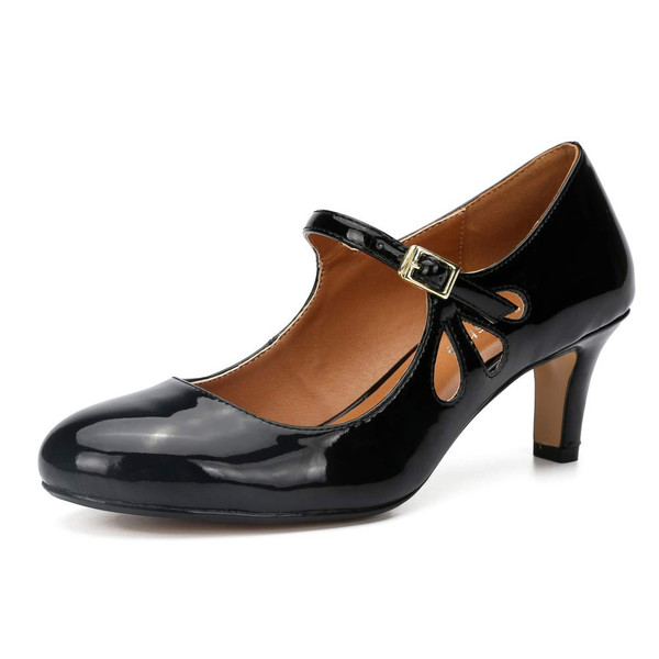 fereshte Women's Men's Mary Jane Hollow Out Round Toe Mid Kitten Heel Pumps Shoes Patent Black EU46-13.5 Women / 12 Men