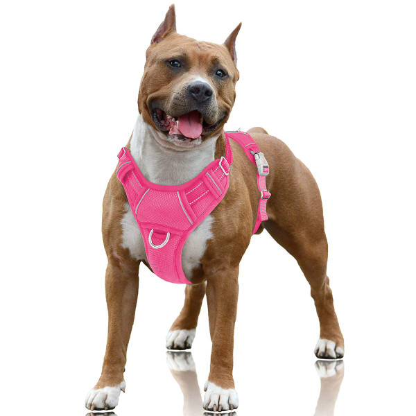 BARKBAY No Pull Dog Harness Large Reflective Dog Harness with Front Clip and Easy Control Handle for Walking Training Running with ID tag Pocket(Pink,L)