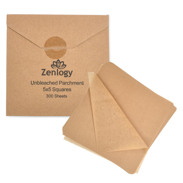 Zenlogy 5x5 Small Parchment Squares (300 sheets) - Unbleached, Non-stick, Pre-cut Parchment Paper- Ideal for Candy Wrappers, Liner Paper, Freezing and Storing, Separating, and Diamond Painting