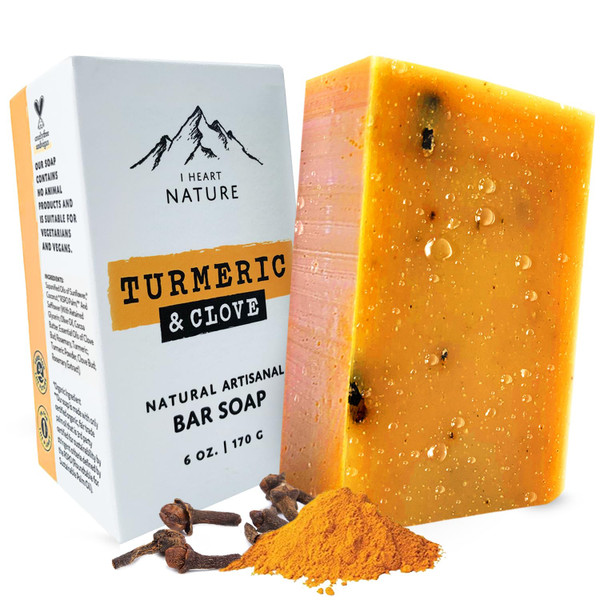 Organic Turmeric Soap with Clove Bud (Large 6 Ounce) - Long Lasting Rich Creamy Lather - Face & Body Wash Bar - Bright Beautiful Natural Glowing Skin