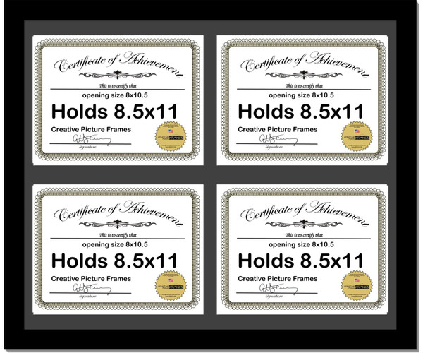 Creative Picture Frames 8511-20X24Bk-B Black Horizontal 8.5X11 Diploma Frame With 4 Opening Black Mat, Holds 4 8.5X11 Inch Documents With Wall Hanger