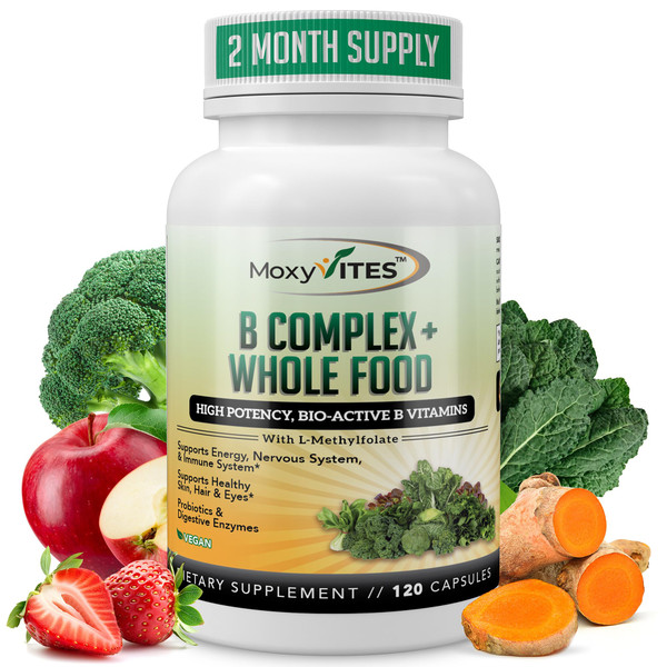 MoxyVites Vitamin B Complex - B Vitamins Whole Food Supplement, B12 Methylcobalamin, B1, B2, B3, B5, B6, B7, B9 - for Stress, Energy and Immune Support, Vegan, 120 Capsules