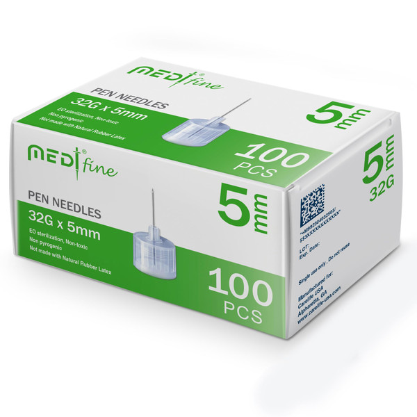 Medt - Fine Insulin Pen Needles (32G 5mm) - Diabetic Needles for Insulin Injections, Ultra Fine Compatible with Most Diabetes Pens - 100 Ct, Pack of 1