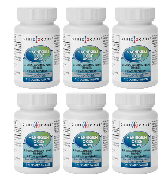 GeriCare Magnesium Oxide Supplement 240 mg - Elemental Magnesium, 120 Coated Tablets – Essential Mineral Support - Promotes Vascular Health, Bone Strength, and Muscle Function (Pack of 6)