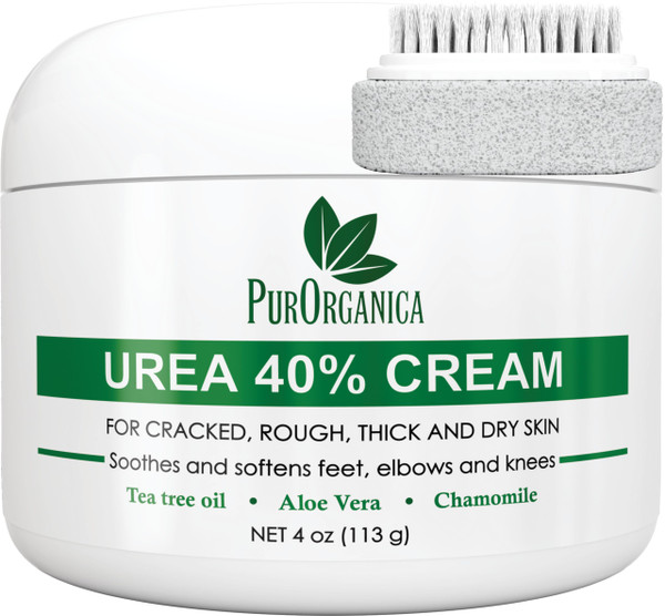 PurOrganica Urea 40% Foot Cream - Made in USA - Callus Remover - Moisturizes & Rehydrates Thick, Cracked, Rough, Dead & Dry Skin - For Feet, Elbows and Hands - With Pumice Stone and Brush