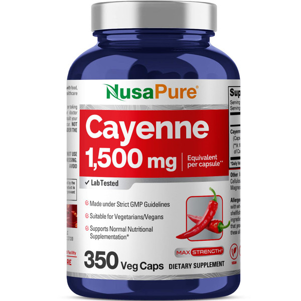 NusaPure Cayenne Pepper 1500mg Per Caps, 350 Veggie Capsules Vegan Vegetarian, Non-GMO