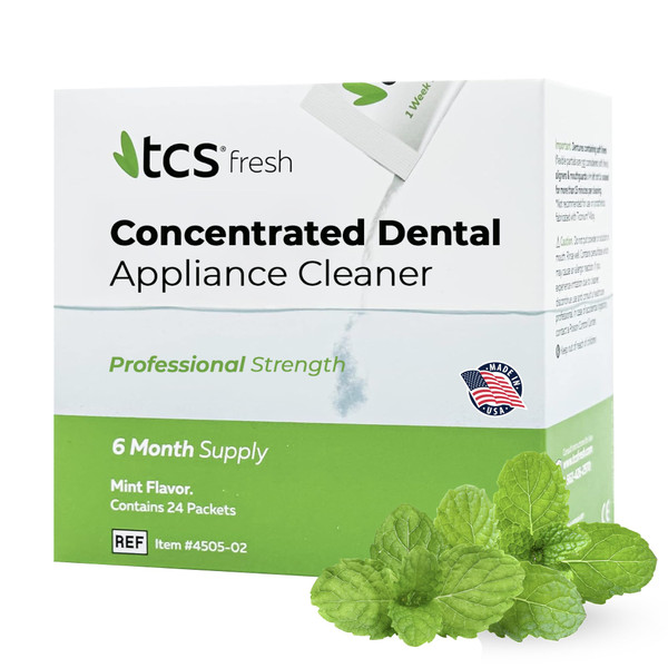 TCS Fresh Dental Appliance Cleaner, 24 Count Professional Strength Concentrated Cleanser Powder - Flexible Partial Cleaners, Denture Cleaner & Dental Night Guard Cleaner, Mint Flavor (6 Month Supply)