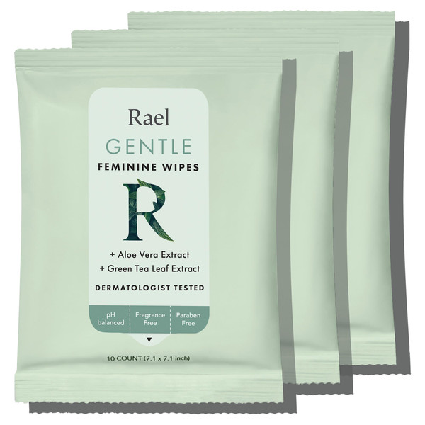 Rael Feminine Wipes, Flushable, Travel Size, All Skin Types, Daily Use (10 Count, Pack of 3)