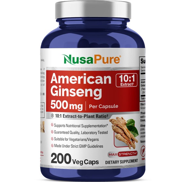 NusaPure American Ginseng 10:1 Extract, 500 mg Equivalent to 5000mg - 200 Veggie Capsules (Vegetarian, Non-GMO, Vegan)