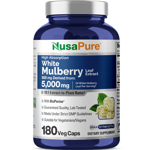 NusaPure White Mulberry Leaf Extract 10:1 Extract, 500 mg Equivalent to 5000mg 180 Veg Caps (Vegan, Non GMO Bioperine)
